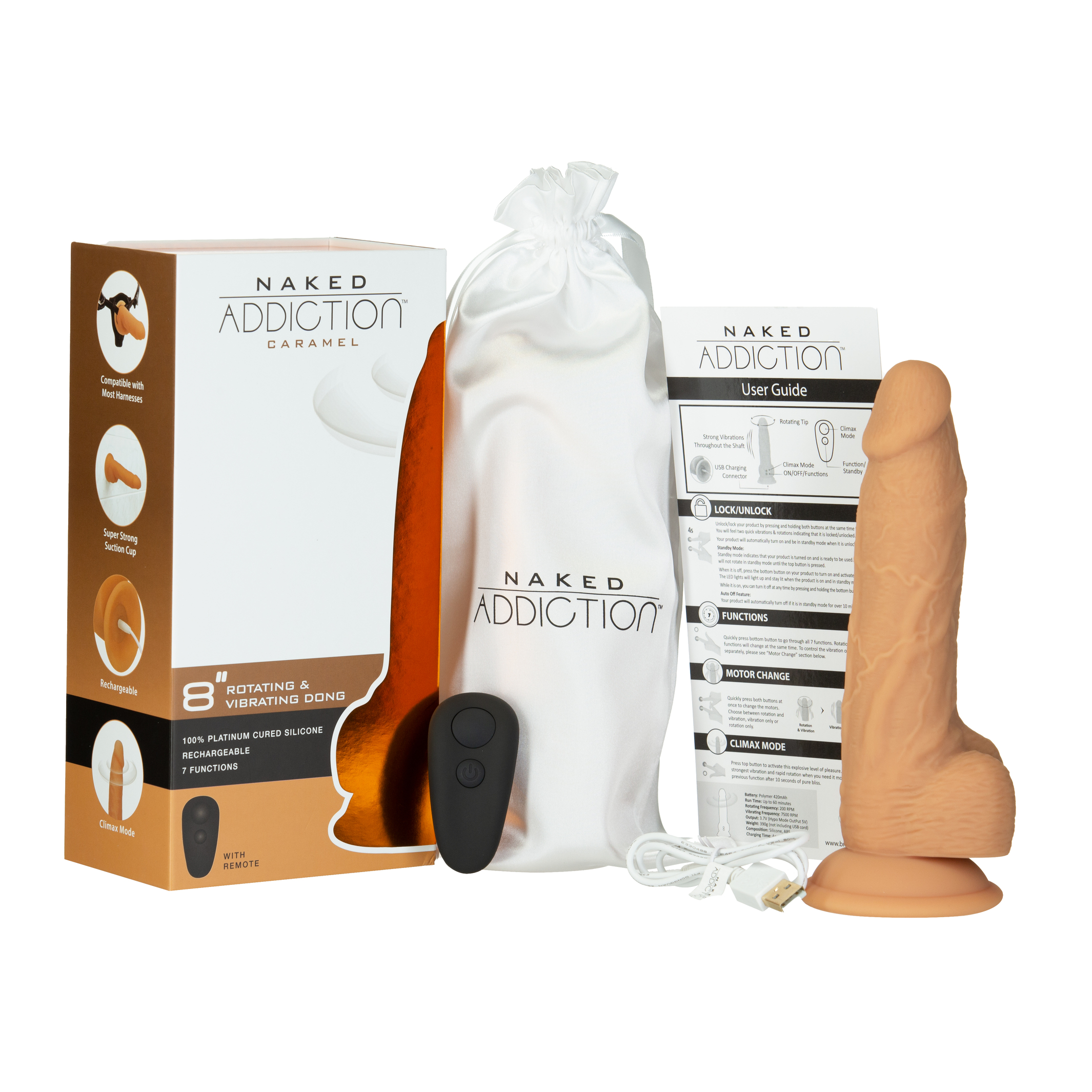 Naked Addiction 8" Rotating & Vibrating Dildo with Remote – Caramel - Image 5