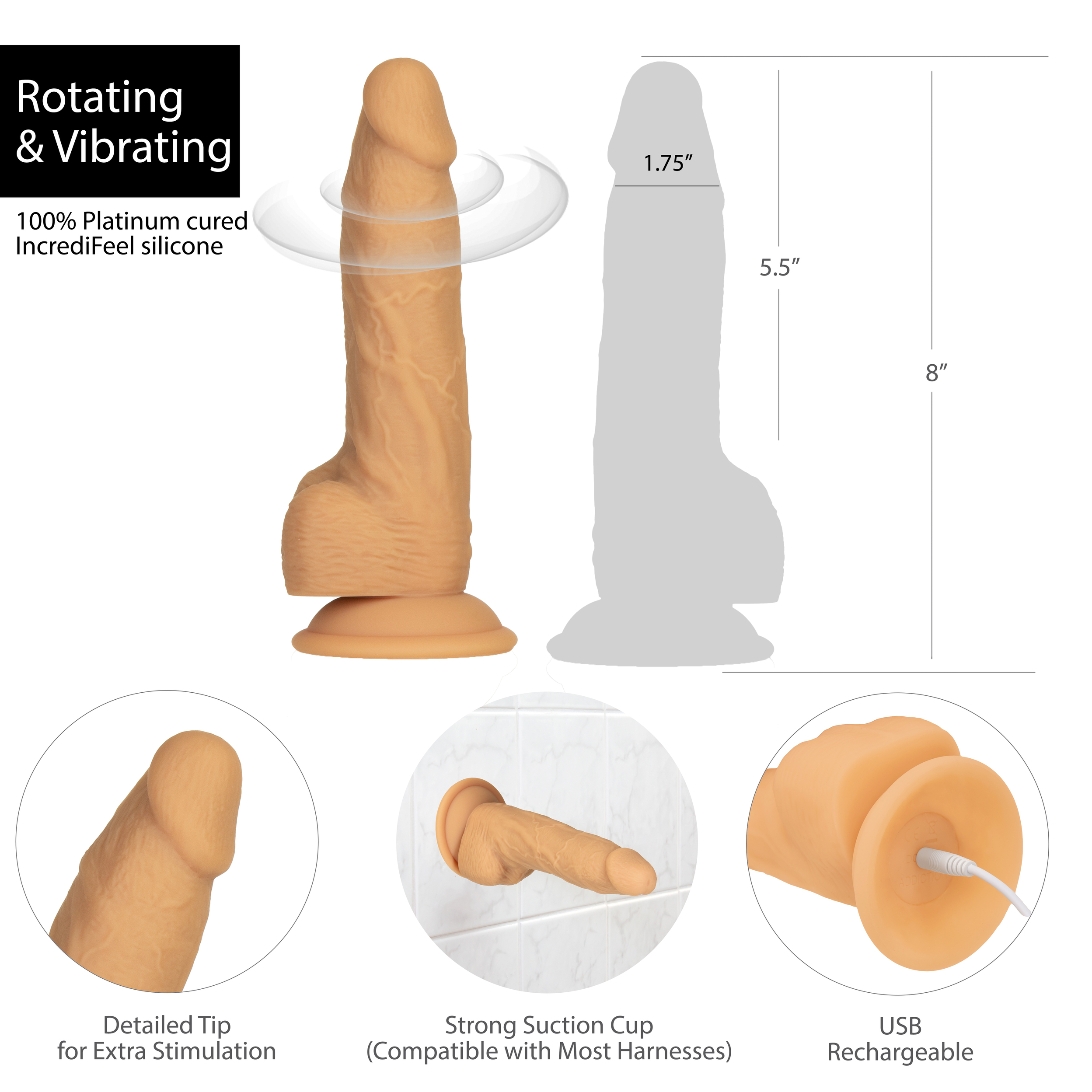 Naked Addiction 8" Rotating & Vibrating Dildo with Remote – Caramel - Image 3