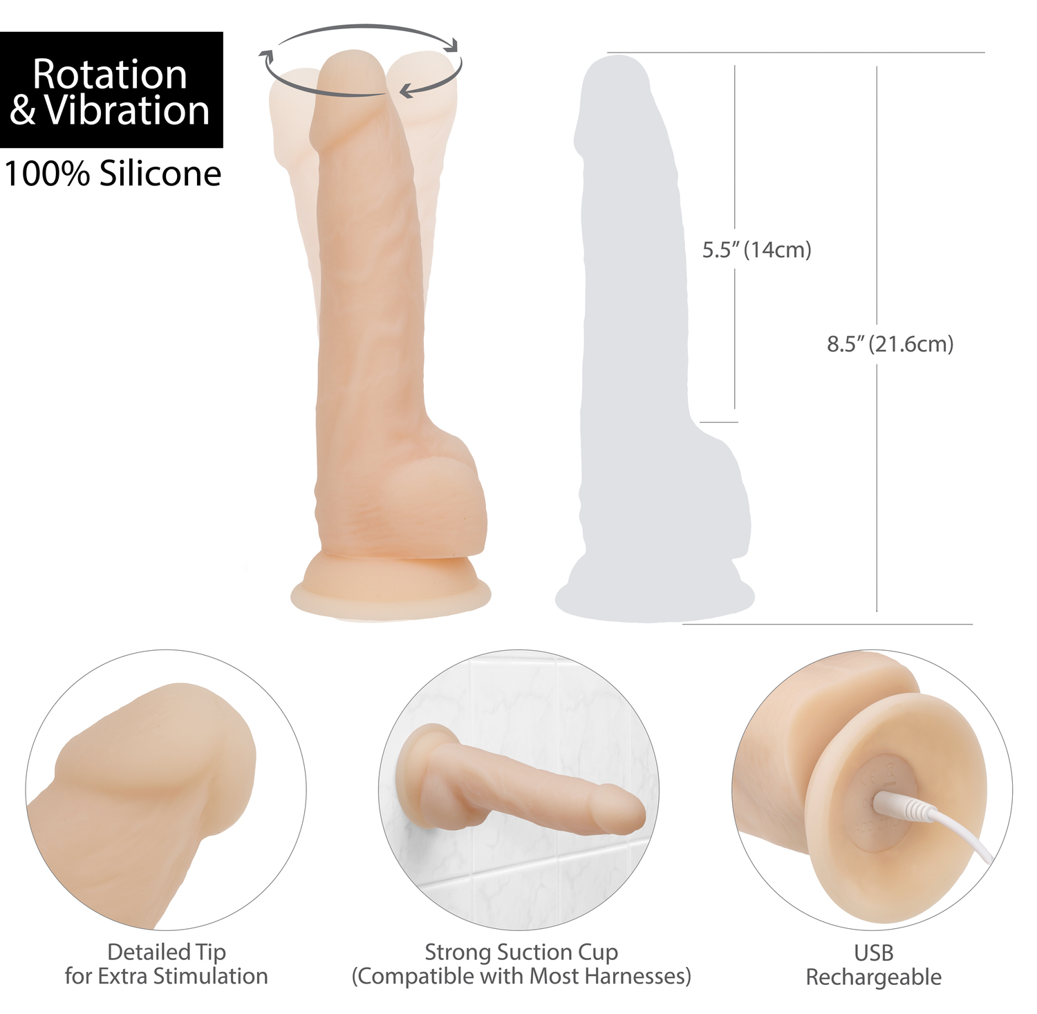 Naked Addiction 8" Rotating & Vibrating Dildo with Remote – Vanilla - Image 2